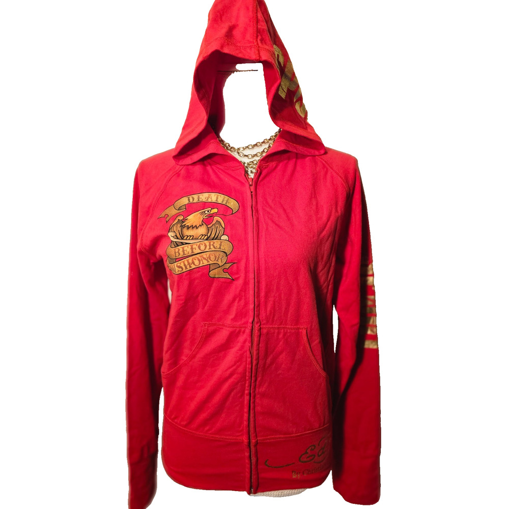Ed Hardy Christian Audigier Red Hoodie New York City Death Before Dishonor Small